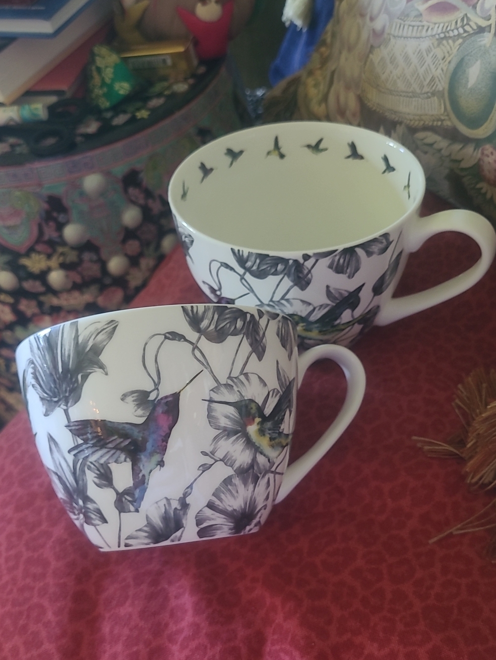 White Floral Hummingbird Porcelain Tea Cups PORTOBELLO by - Set of 2